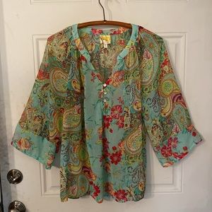 Anthropologie Fig and Flower Floral Sheer Flowy Button Top